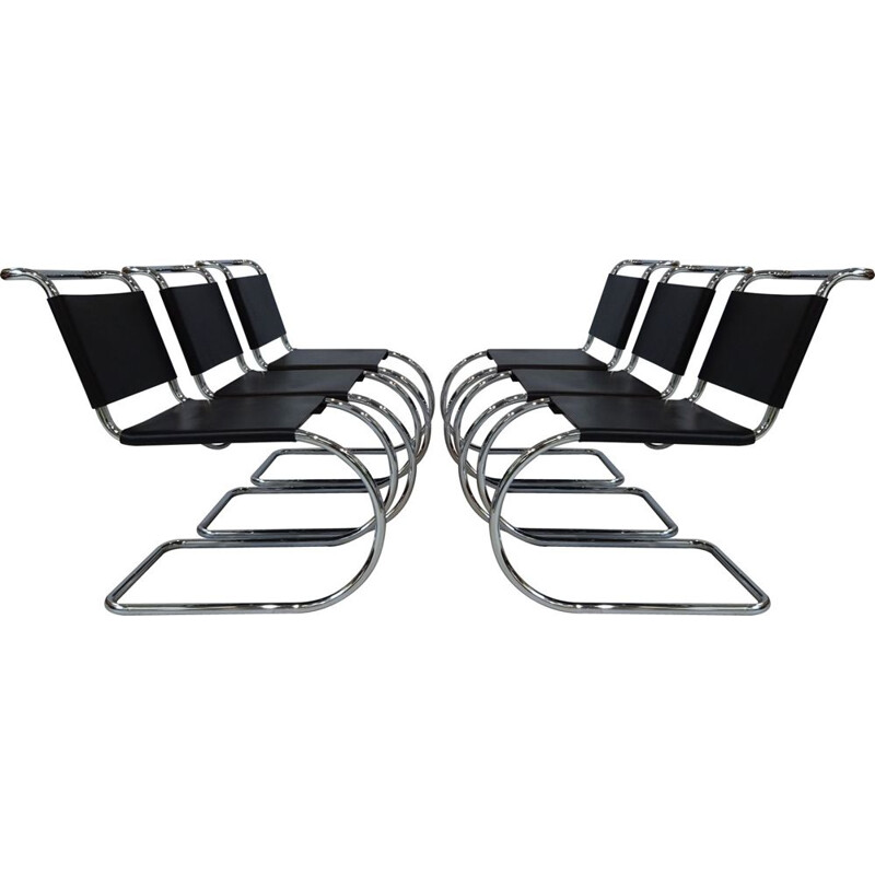 Set of 6 vintage black leather & chrome Mies van der Rohe MR10 chairs for Knoll International