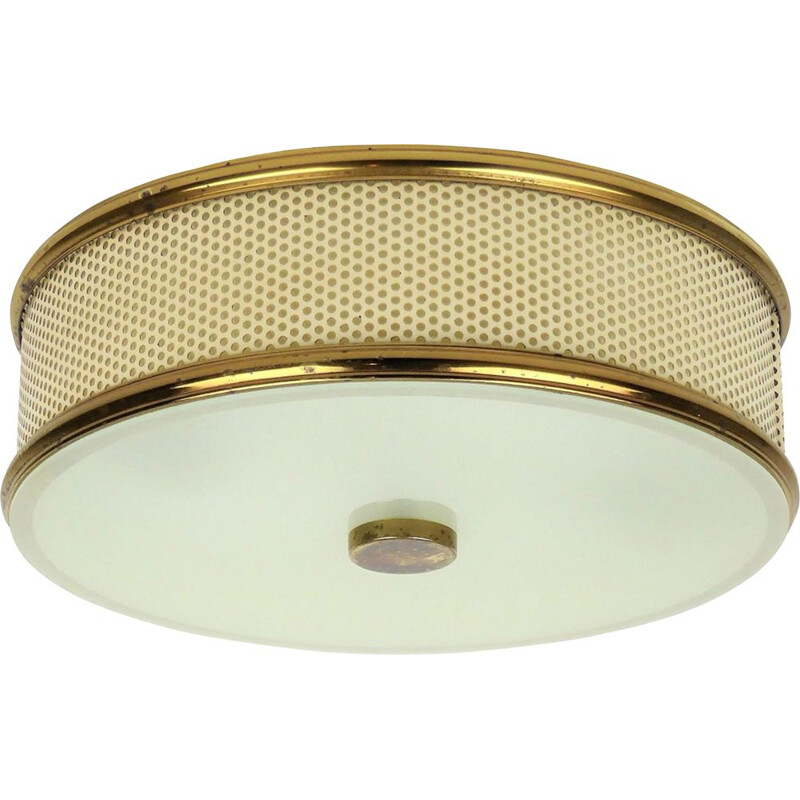 Vintage Lunel metal perforated round ceiling light 1950 