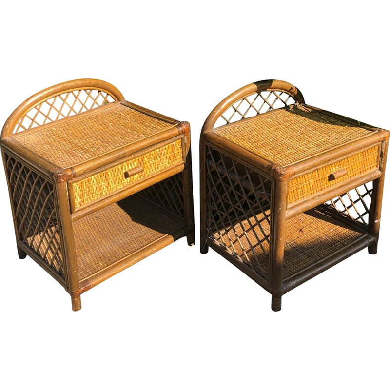 Pair of vintage rattan bedside tables 1980