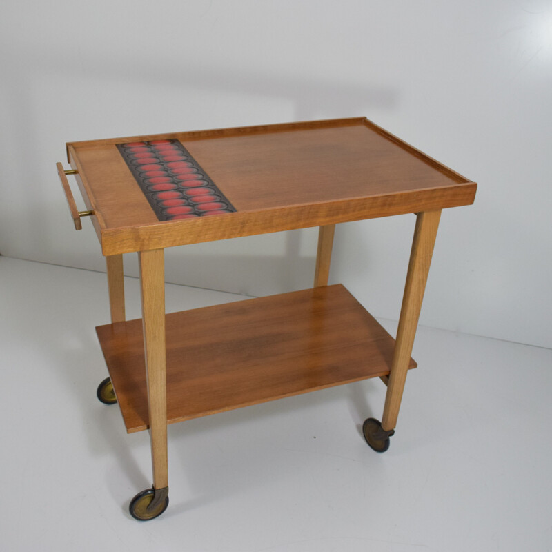 Vintage red ceramic rolling bar or sideboard, 1950