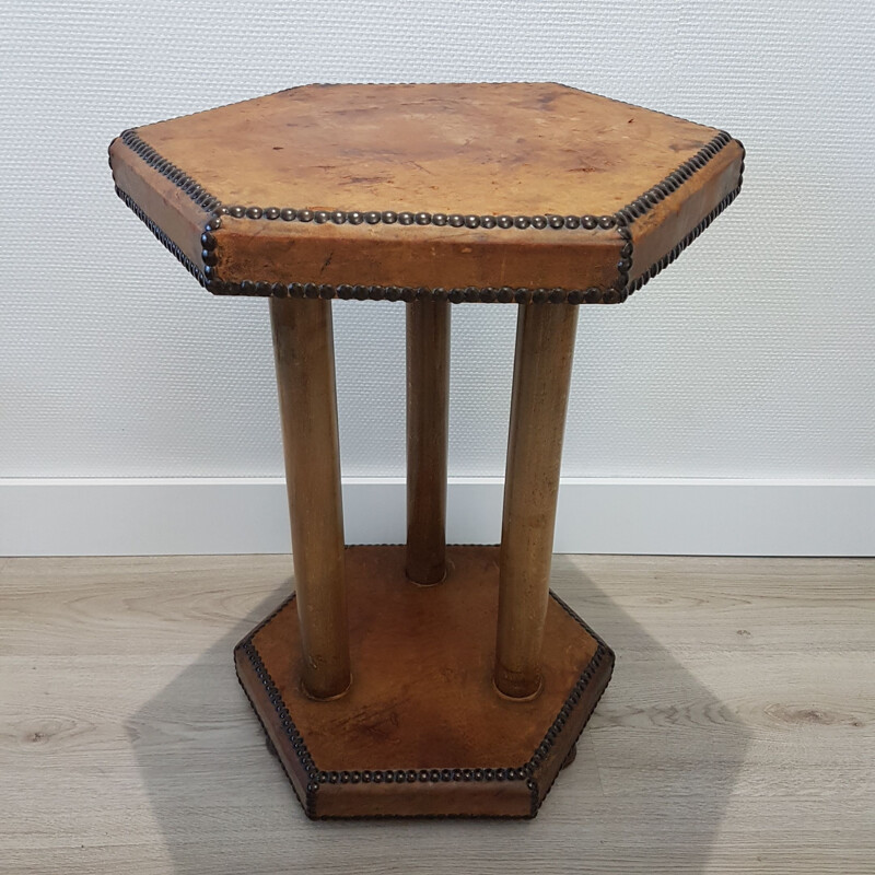 Vintage side table in patinated leather by Otto Schulz for Boet, Scandinavian 1930s