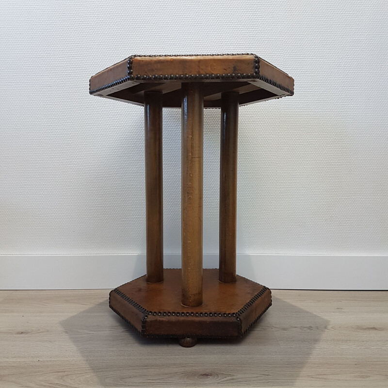 Vintage side table in patinated leather by Otto Schulz for Boet, Scandinavian 1930s