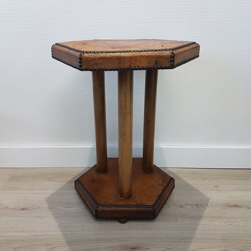 Vintage side table in patinated leather by Otto Schulz for Boet, Scandinavian 1930s