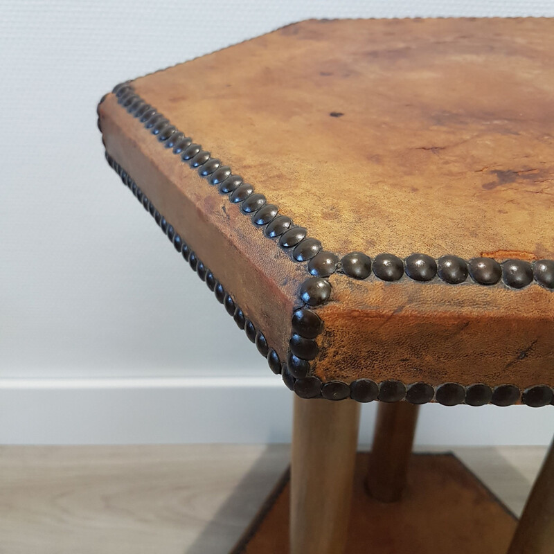 Vintage side table in patinated leather by Otto Schulz for Boet, Scandinavian 1930s