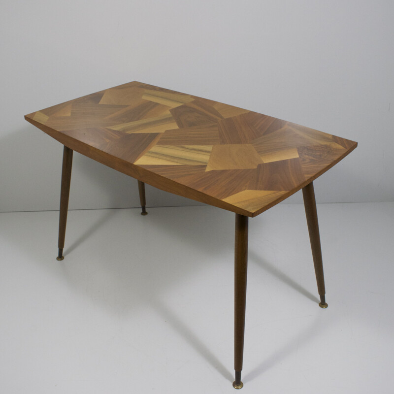 Table patchwork vintage, mosaïque de bois 1950