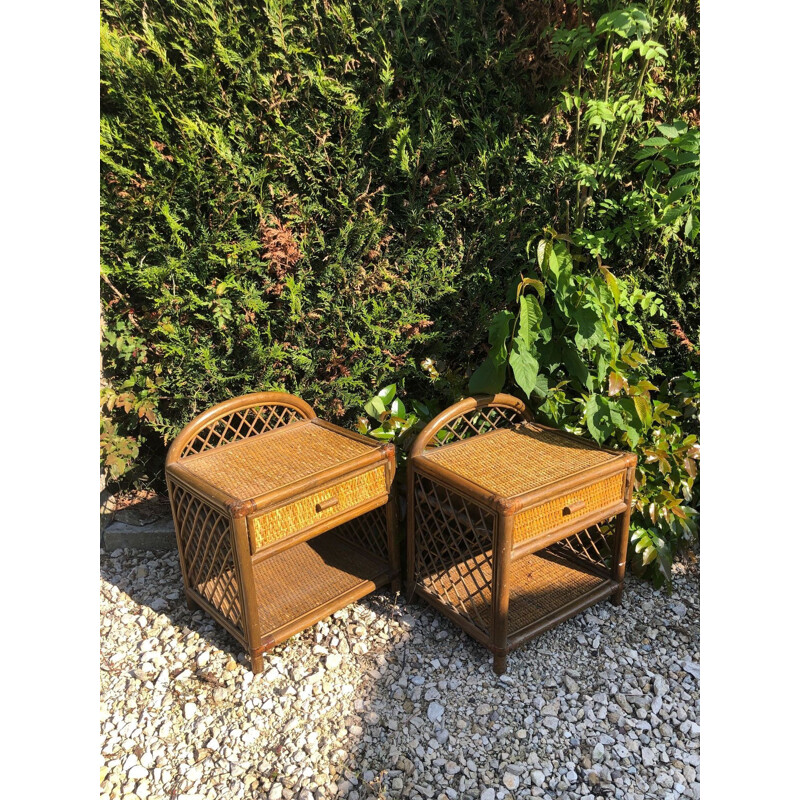 Pair of vintage rattan bedside tables 1980