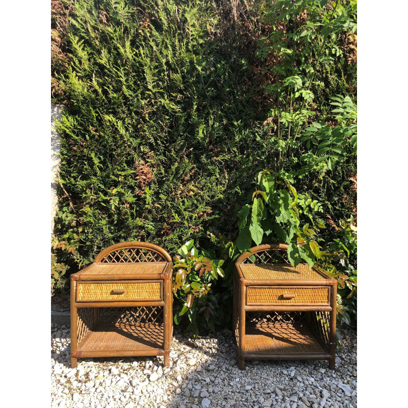 Pair of vintage rattan bedside tables 1980