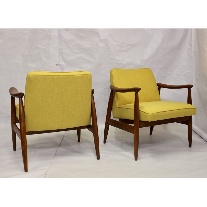 Pair of vintage armchairs GFM-87 Juliusz Kedziorek yellow fabric 1960