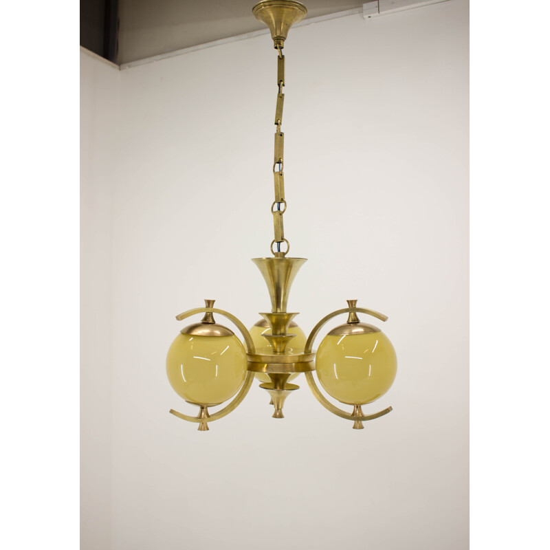 Vintage Brass Chandelier Rondocubistic, Czech 1920s