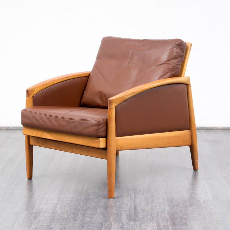 Mid-century armchair in cherrywood and leather - 1950s
