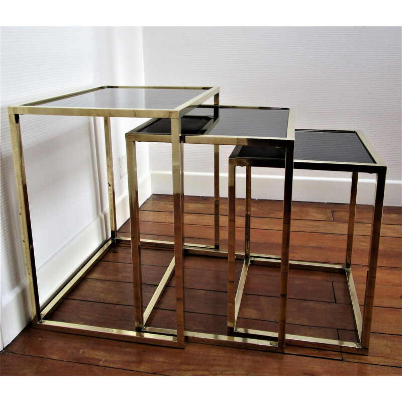 Set of 3 vintage brass and black glass Italian nesting tables 1960