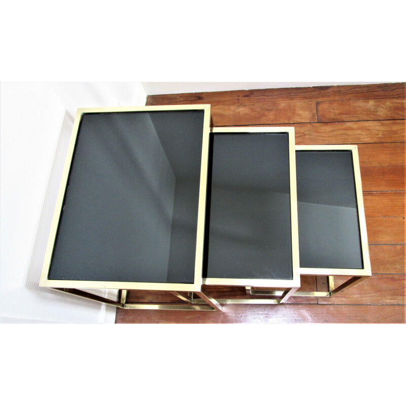 Set of 3 vintage brass and black glass Italian nesting tables 1960