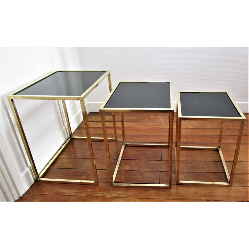 Set of 3 vintage brass and black glass Italian nesting tables 1960