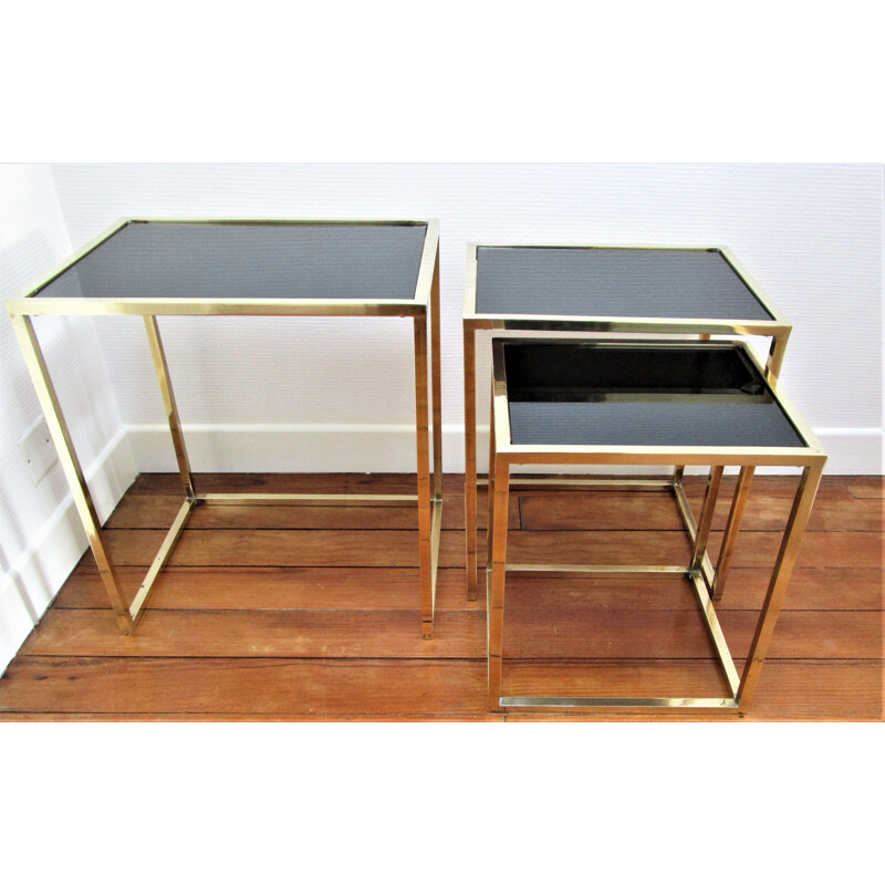 Set of 3 vintage brass and black glass Italian nesting tables 1960