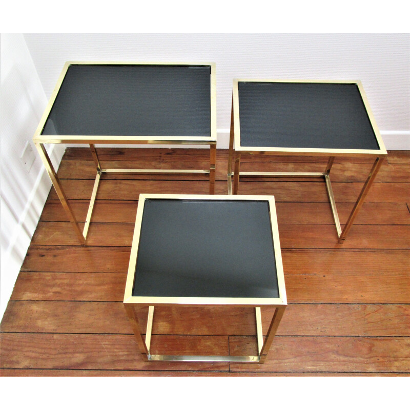 Set of 3 vintage brass and black glass Italian nesting tables 1960