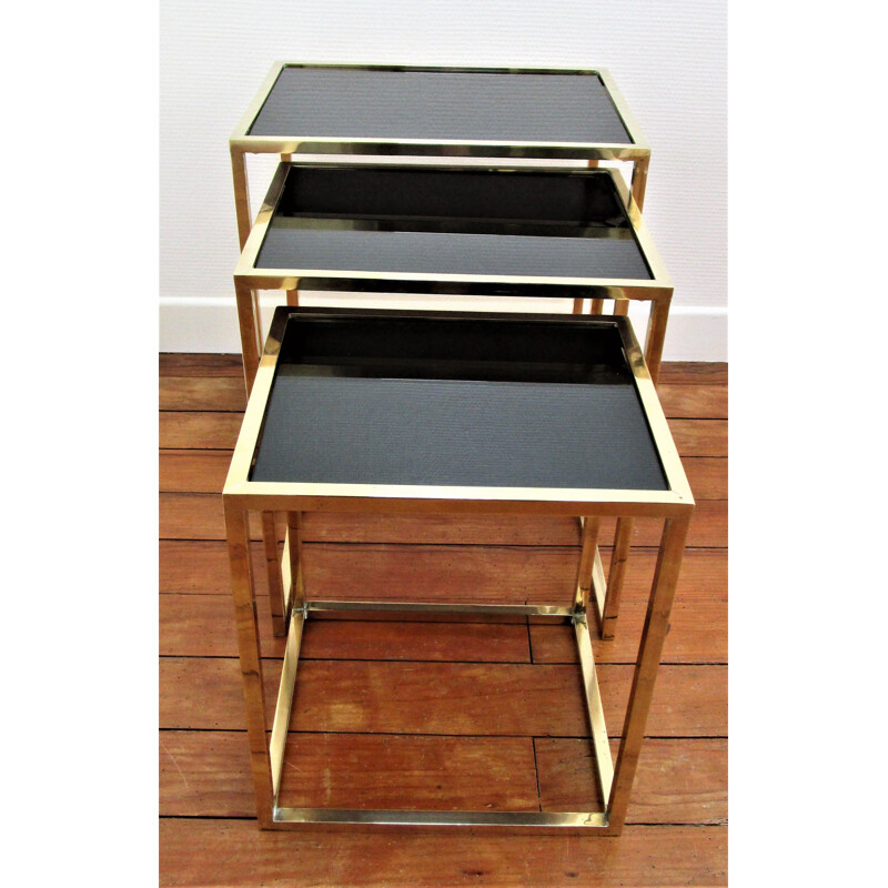 Set of 3 vintage brass and black glass Italian nesting tables 1960