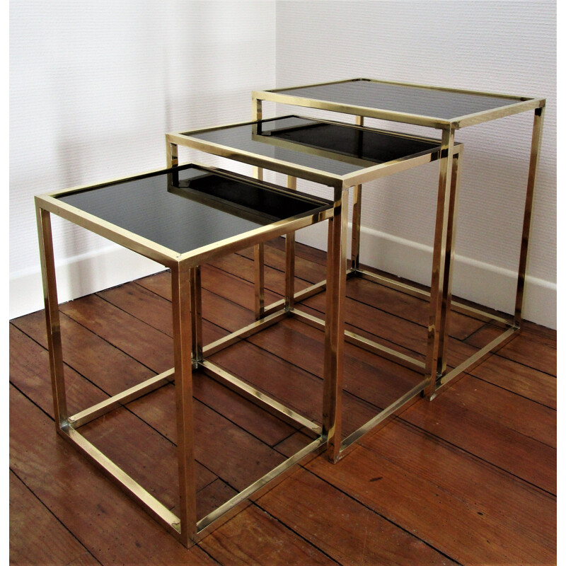 Set of 3 vintage brass and black glass Italian nesting tables 1960