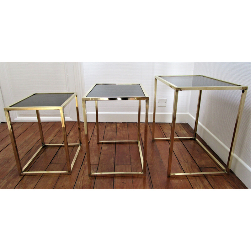 Set of 3 vintage brass and black glass Italian nesting tables 1960