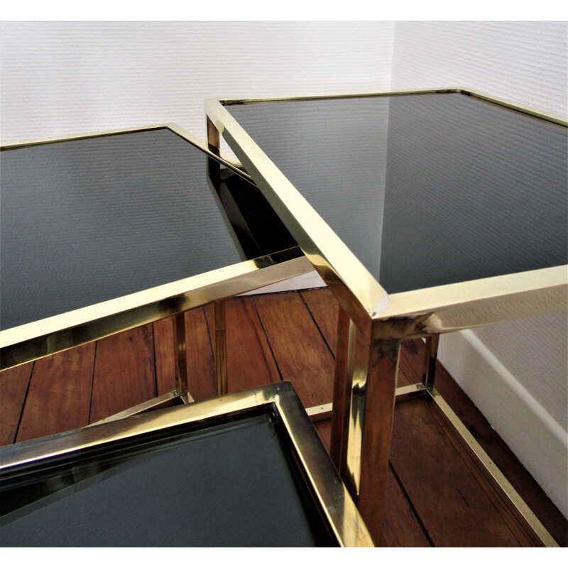 Set of 3 vintage brass and black glass Italian nesting tables 1960