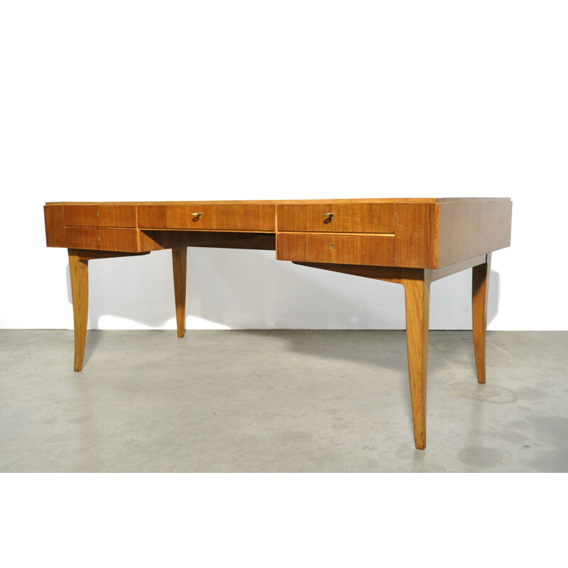 Large vintage teak management desk with leather italy 1960s