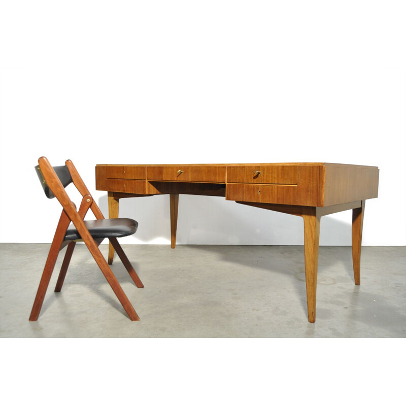 Large vintage teak management desk with leather italy 1960s