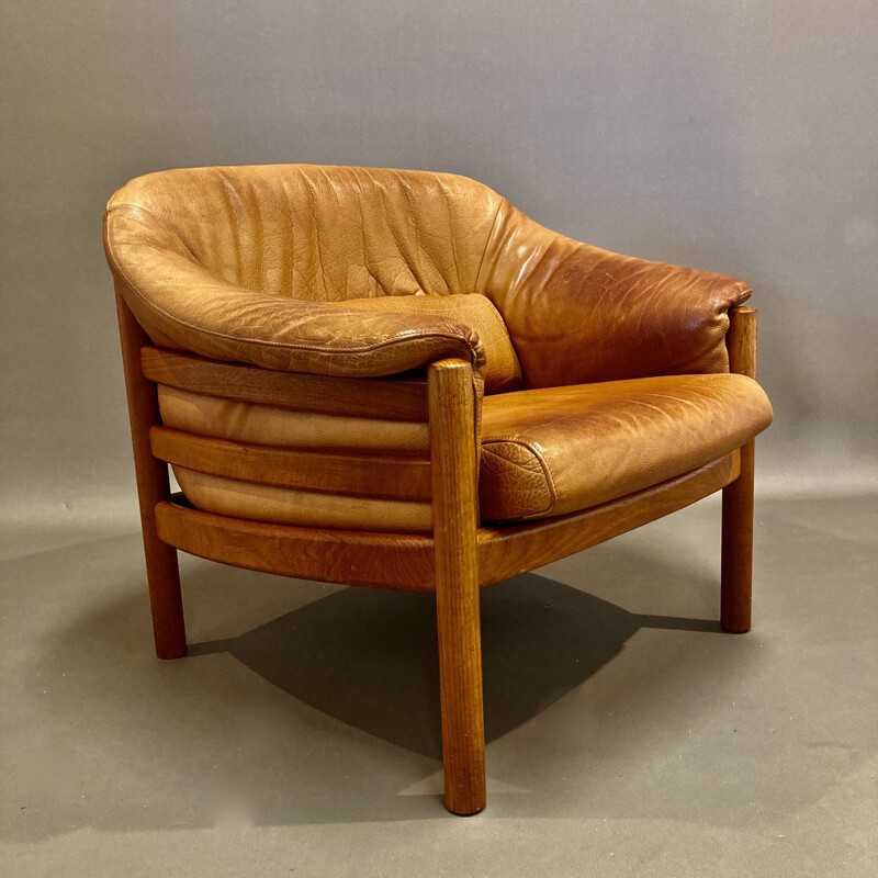 Vintage teak and Scandinavian leather armchair 1950