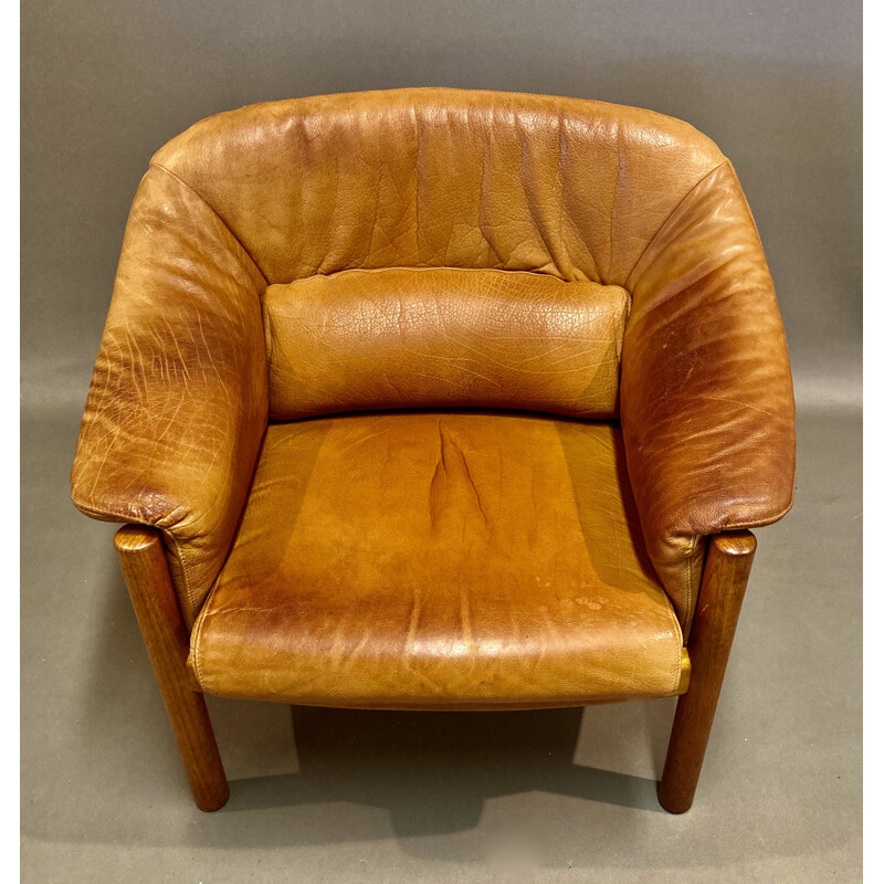 Vintage teak and Scandinavian leather armchair 1950