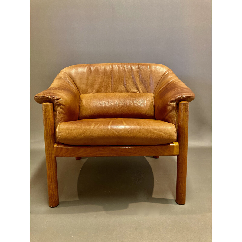 Fauteuil vintage teck et cuir scandinave 1950