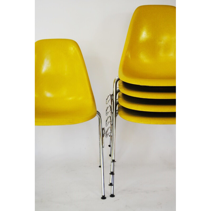 Set of 6 Herman Miller DSS chairs in yellow fiberglass, Charles and Ray EAMES - 1950s