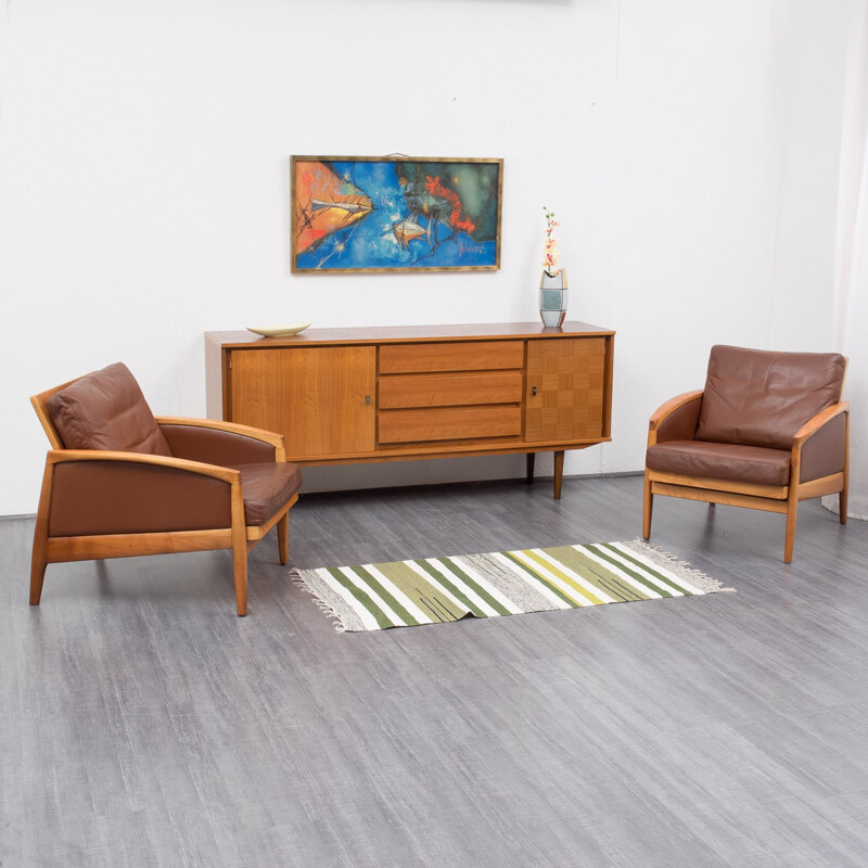 Mid-century armchair in cherrywood and leather - 1950s