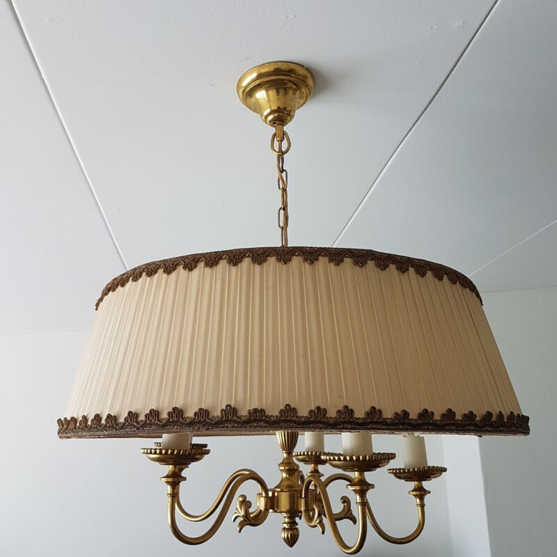 Vintage Brass 5-arm chandelier with a large nylon fabric shade, 1950s