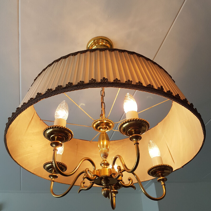 Vintage Brass 5-arm chandelier with a large nylon fabric shade, 1950s