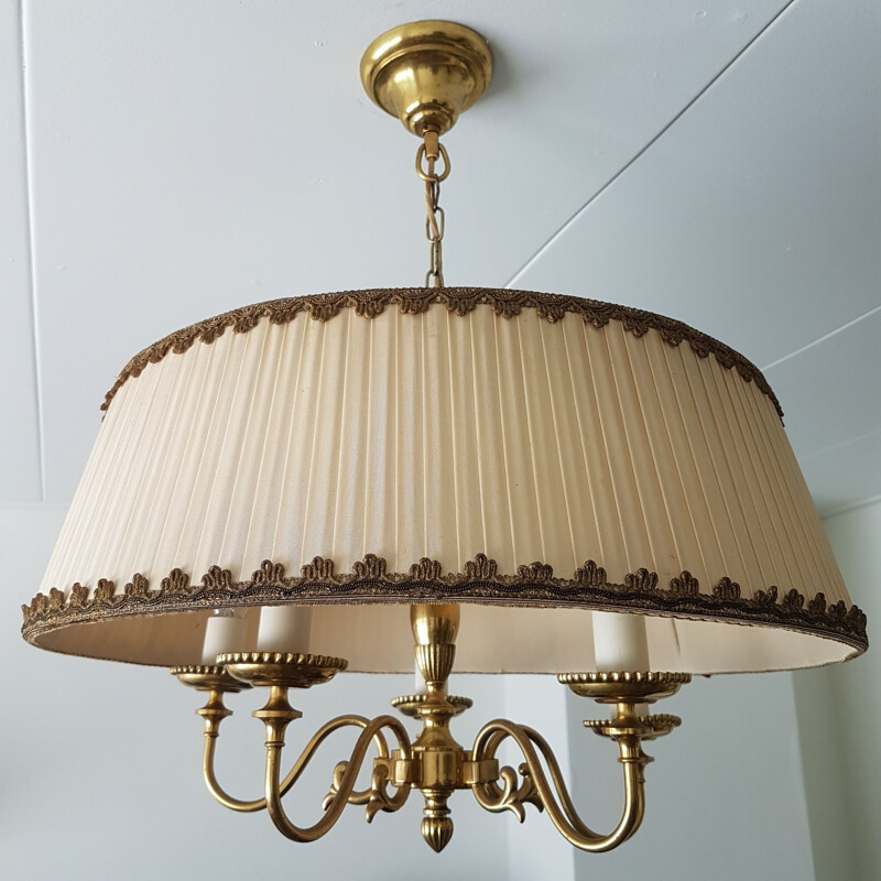 Vintage Brass 5-arm chandelier with a large nylon fabric shade, 1950s