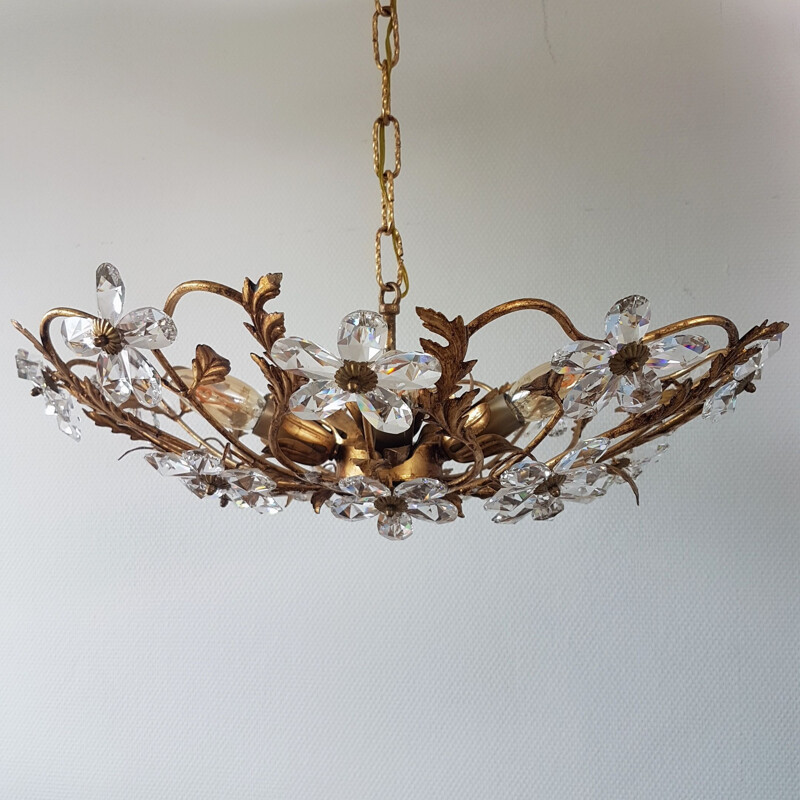 Vintage gold-colored chandelier Coco Chanel with crystal flowers, 1970s