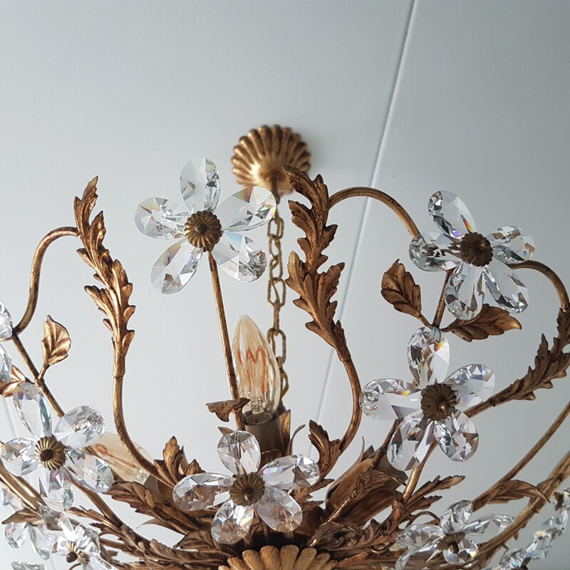 Vintage gold-colored chandelier Coco Chanel with crystal flowers, 1970s