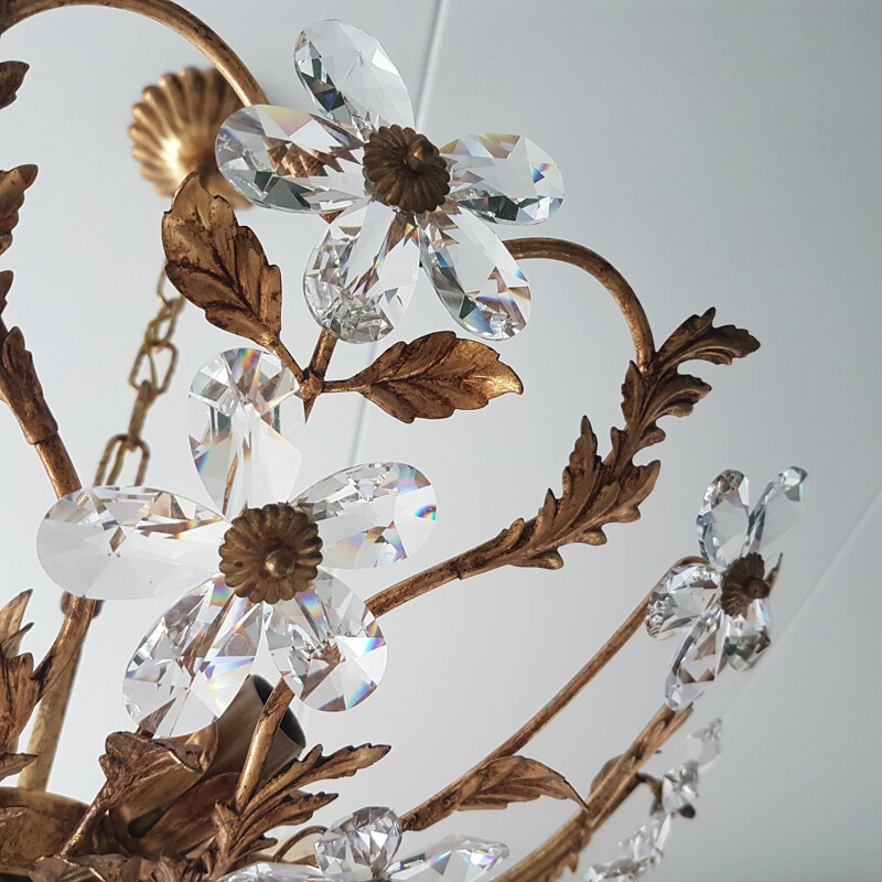 Vintage gold-colored chandelier Coco Chanel with crystal flowers, 1970s