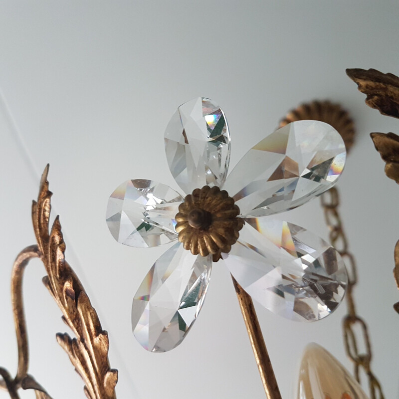 Vintage gold-colored chandelier Coco Chanel with crystal flowers, 1970s