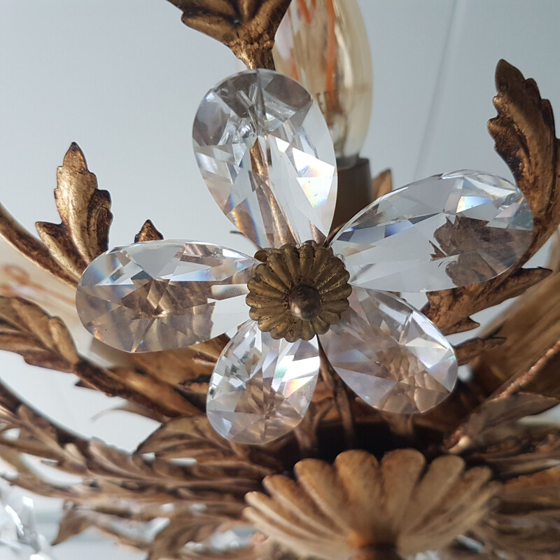 Vintage gold-colored chandelier Coco Chanel with crystal flowers, 1970s