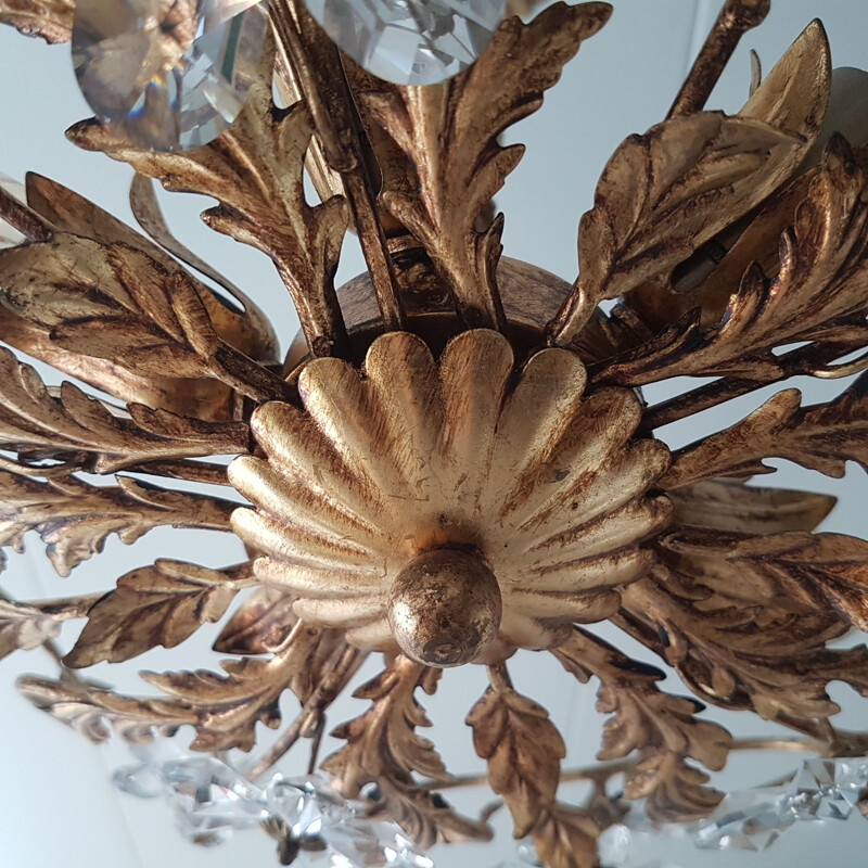 Vintage gold-colored chandelier Coco Chanel with crystal flowers, 1970s