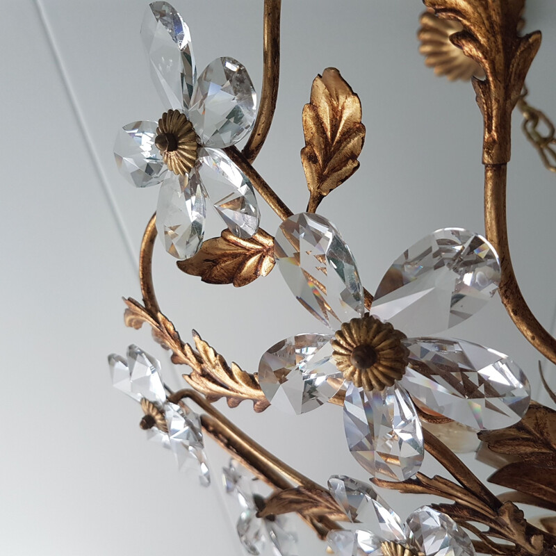 Vintage gold-colored chandelier Coco Chanel with crystal flowers, 1970s