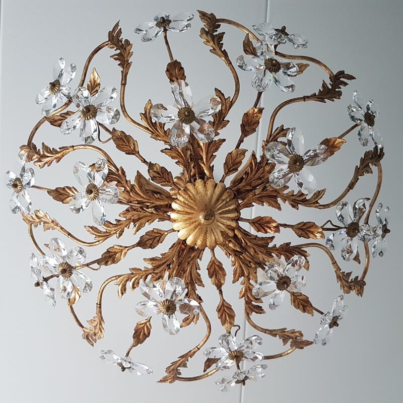 Vintage gold-colored chandelier Coco Chanel with crystal flowers, 1970s