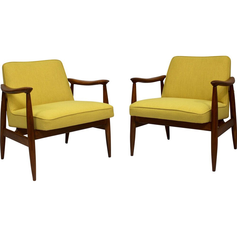 Pair of vintage armchairs GFM-87 Juliusz Kedziorek yellow fabric 1960