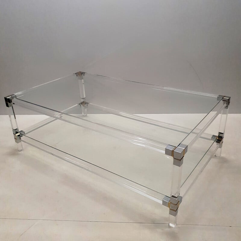 Vintage 2-tiers coffee table, Lucite, gilt & chromed metal 1970s