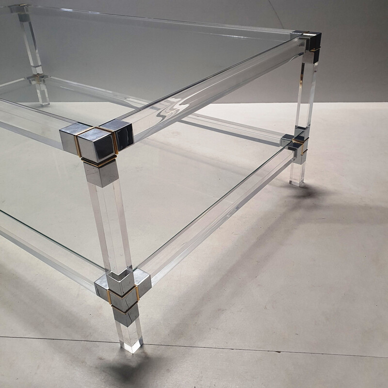 Vintage 2-tiers coffee table, Lucite, gilt & chromed metal 1970s