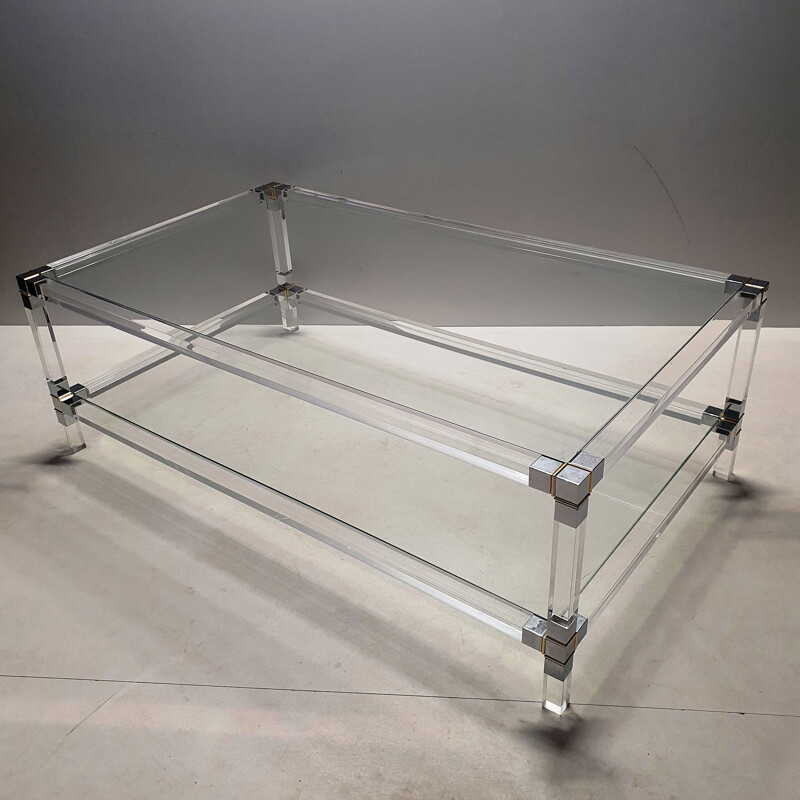 Vintage 2-tiers coffee table, Lucite, gilt & chromed metal 1970s