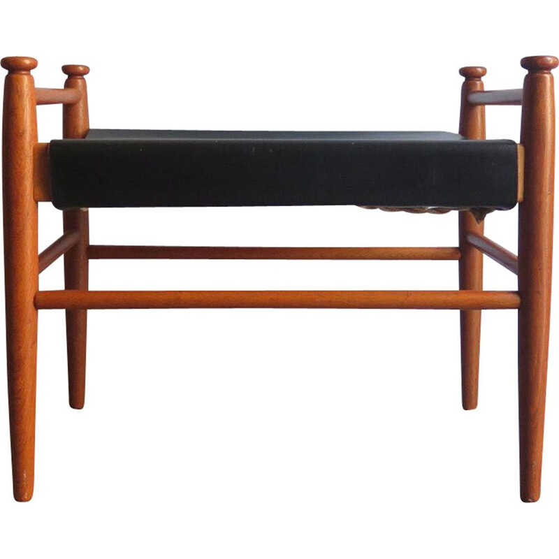 Vintage Teak and black leather foot stool danish 1950