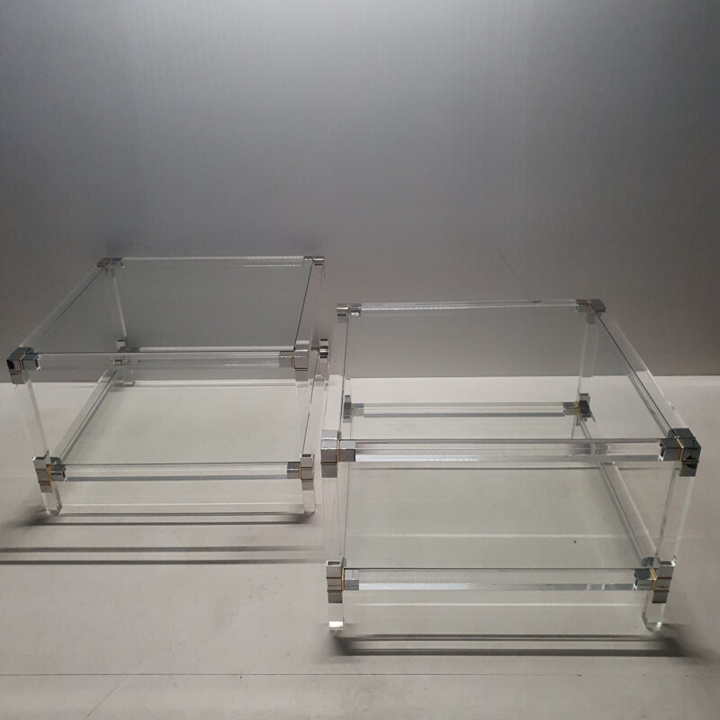 Pair of vintage 2-tiers side tables, lucite, gilt and chromed metal 1970s