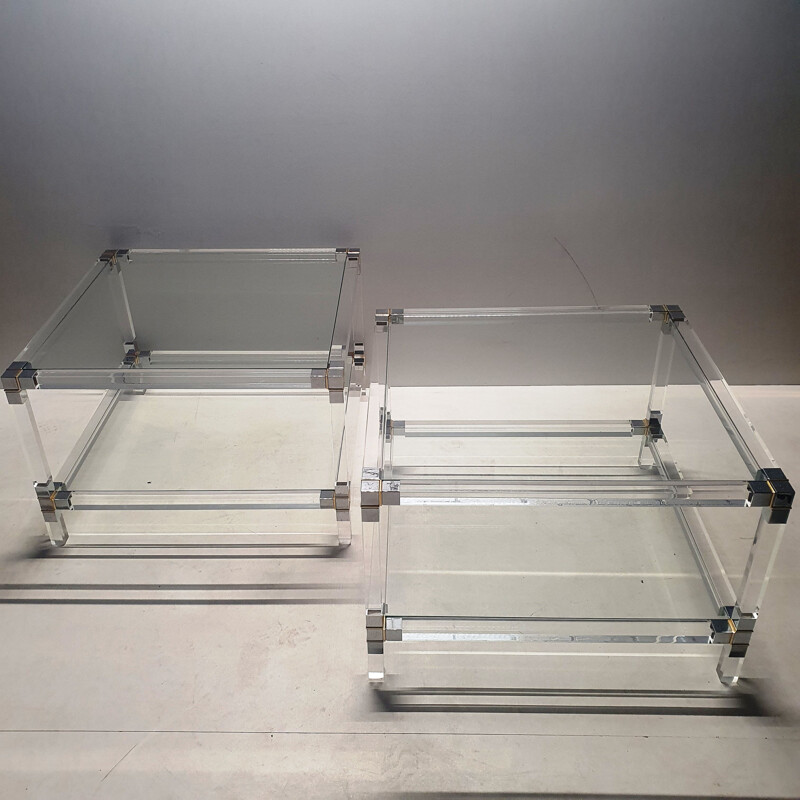 Pair of vintage 2-tiers side tables, lucite, gilt and chromed metal 1970s