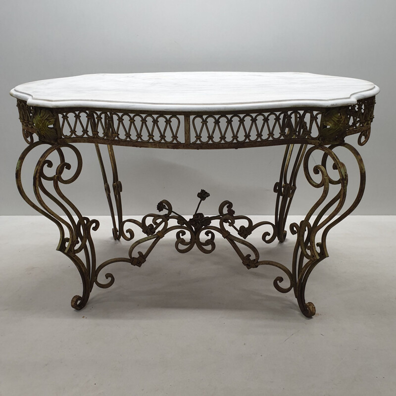 Table vintage en fer forgé et marbre peinte, française 1890