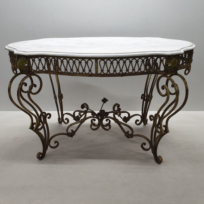 Vintage painted wrought iron & marble table, French 1890